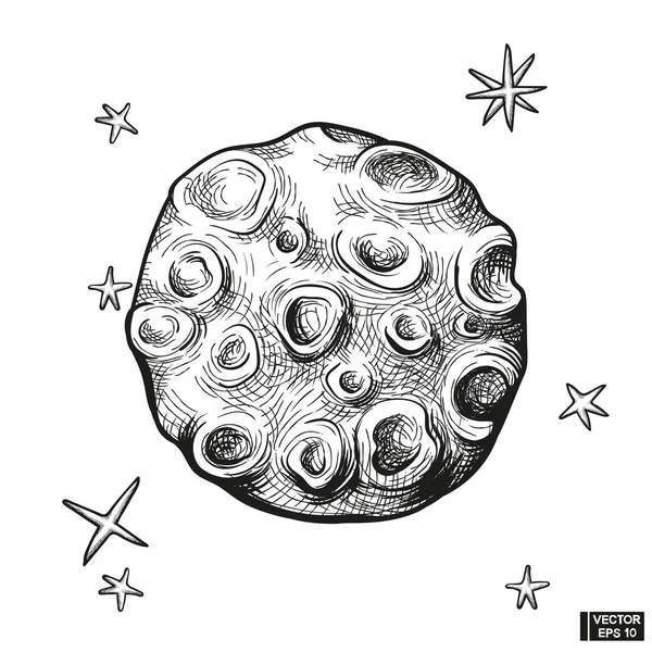 Ilustración Vectorial Vintage Dibujado Mano Luna Llena Planeta Con Cráteres — Vector de stock