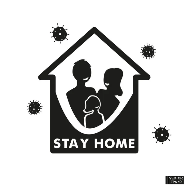 Vector icon. Family of adults and kids stay at home. Keep calm and stay home. Quarantine motivational icon.