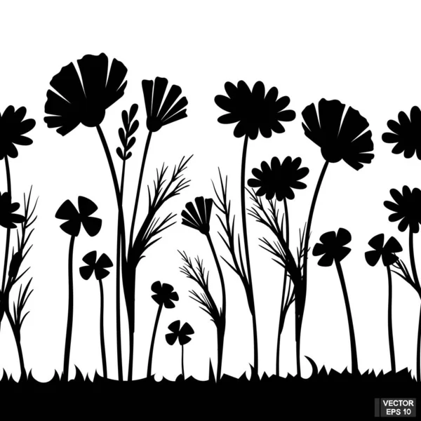 Векторні Ілюстрації Горизонтальний Безшовний Візерунок Чорні Квіти Силуету Елемент Лугових Ліцензійні Стокові Вектори
