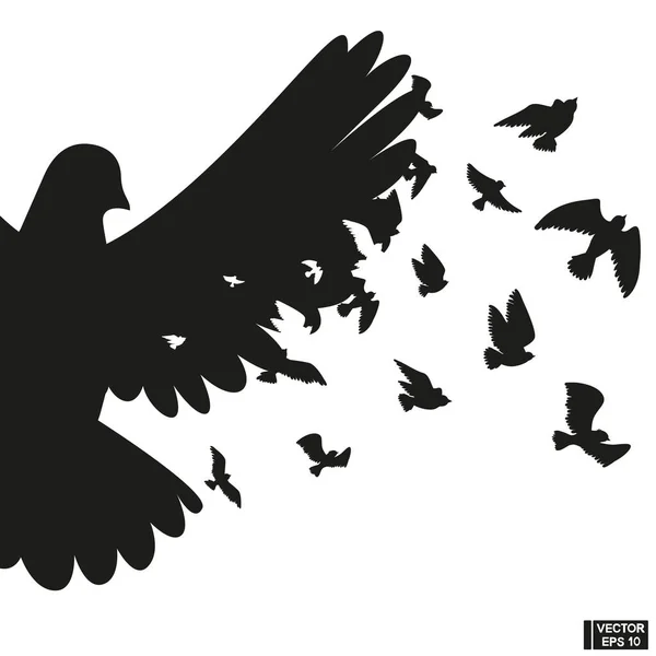 Ilustración Vectorial Conjunto Silueta Negra Aves Voladoras Manada Palomas — Vector de stock