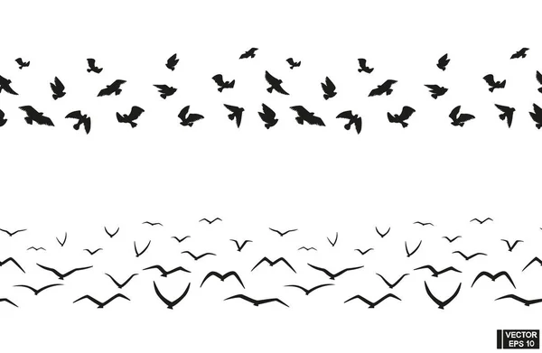 Векторная Иллюстрация Бесшовный Рисунок Черного Силуэта Летающих Птиц Пограничные Стаи Стоковый вектор