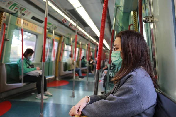 Maskeli kız kendini Wuhan virüsünden korumak için halka açık bir yerde.