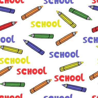 Renkli kalemler ve okul harfleriyle kusursuz desen. Okul ve çocukluk kavramı