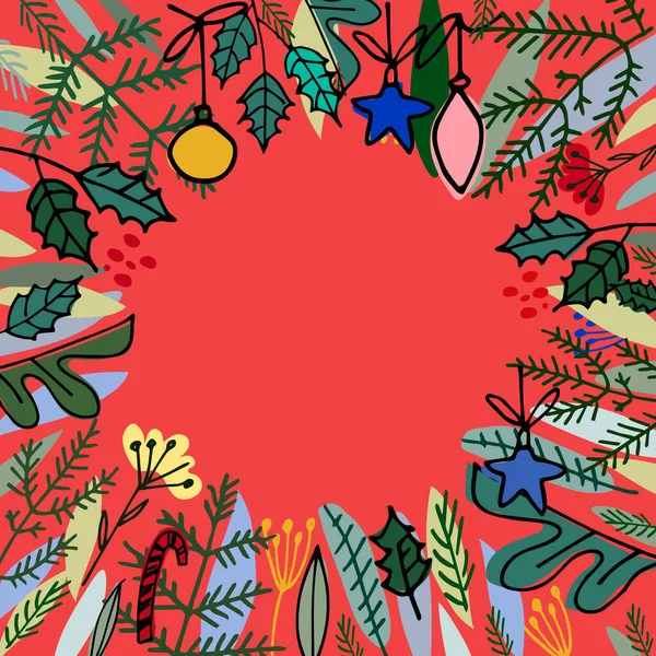 Květinový rám s jedlovými větvemi, vánoční ozdoby a ozdoby. Šablona pro blahopřání, leták, pozvání — Stockový vektor