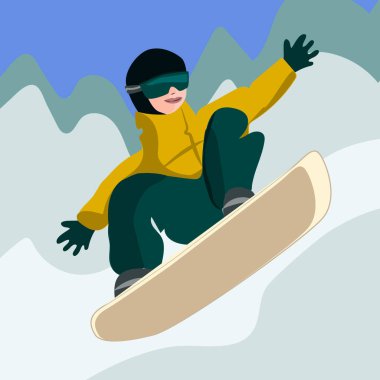Snowboardcu dağ yamacından atlayıp kayıyor. Düz biçimli elle çizilmiş vektör illüstrasyonu