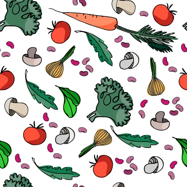 表面デザイン、ポスター、イラストのための野菜、豆や緑とシームレスなパターン。健康食品のテーマ — ストックベクタ