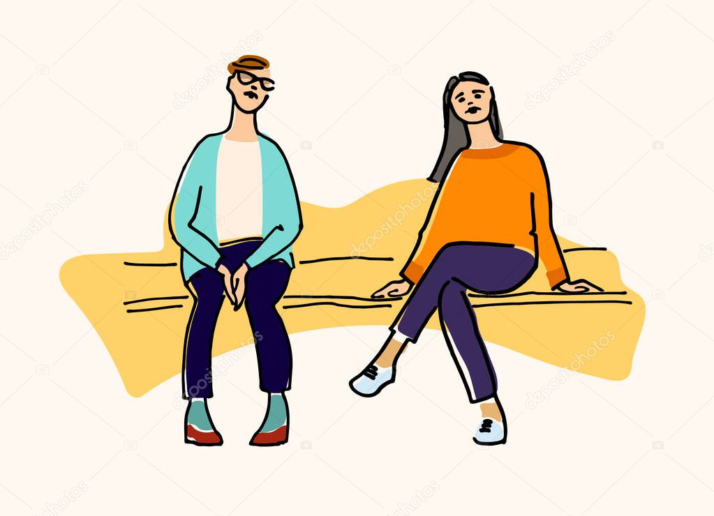 Young women sitting on a bench vector illustration. Lecture listeners concept. Waiting concept