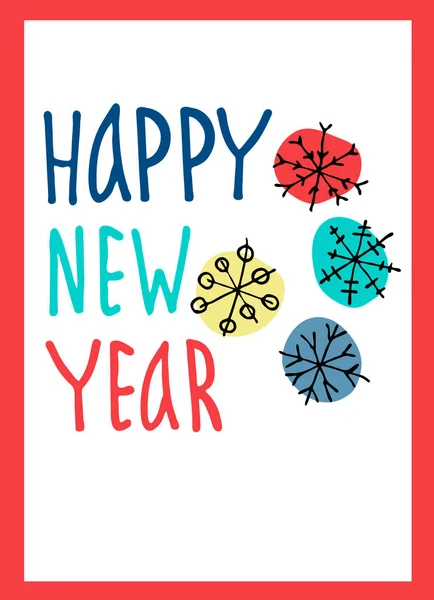 Bonne année carte de voeux. Lettrage à la main et flocons de neige colorés sur fond blanc — Image vectorielle