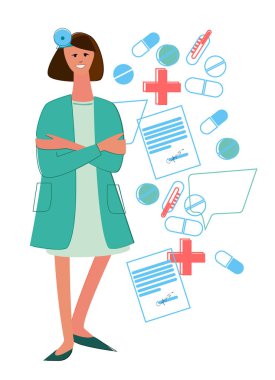 Alnı ayna ve kolaj yapan kadın doktor, tıbbi reçeteler ve termometreler.