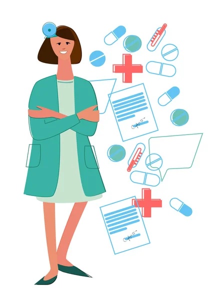 Médico femenino con espejo en la frente y collage de medicamentos, prescripciones médicas y termómetros — Archivo Imágenes Vectoriales