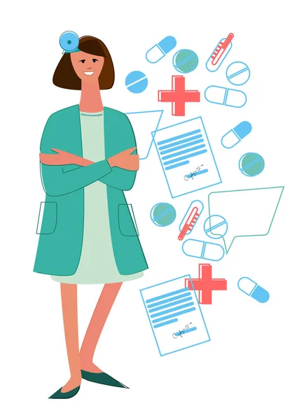 Médecin femme avec miroir frontal et collage de médicaments, prescriptions médicales et thermomètres — Image vectorielle