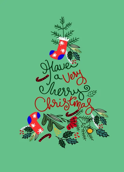 Noel tebrik kartı. Noel çoraplı Noel ağacı, kutsal dallar, süsler ve el yazısıyla selamlama.