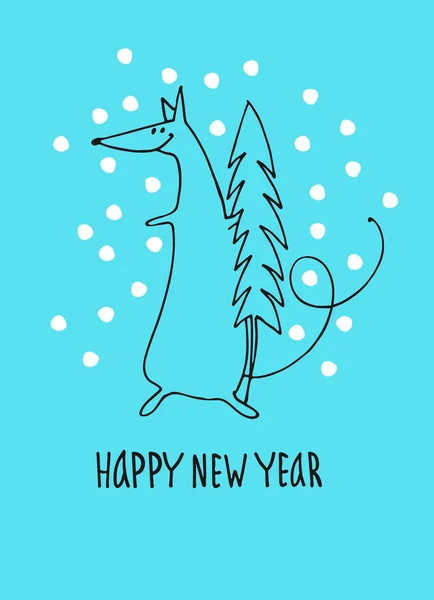 Carte de voeux du Nouvel An avec rat, animal du zodiaque pour 2020. Horoscope rat avec nouvel arbre de l'année, lettrage à la main, flocons de neige — Image vectorielle