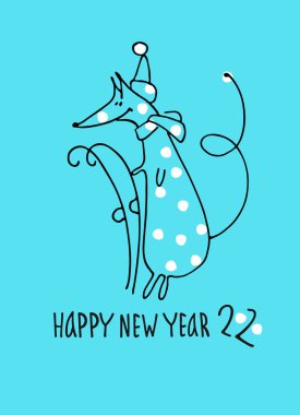 Fare dolu yeni yıl kartı, 2020 için zodyak hayvanı. Kayaklı yıldız falı, el yazısı, kar taneleri.