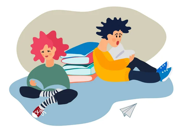 Girl and boy reading books on a floor. Vector illustration. Isolated design element — 스톡 벡터