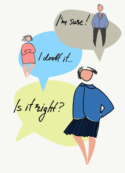 Business people chatting having different opinions. Sure and in doubt. People vector illustrations, speech bubbles — Stock Illustration Business people chatting having different opinions. Sure and in doubt. People vector illustrations, speech bubbles Stock Illustration