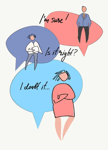 Business people chatting having different opinions. Sure and in doubt. People vector illustrations, speech bubbles — Stock Illustration Business people chatting having different opinions. Sure and in doubt. People vector illustrations, speech bubbles Vector Graphics
