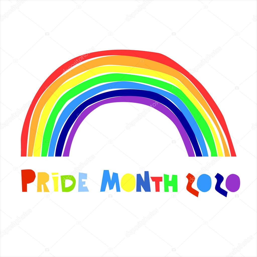 Month of sexual diversity celebrations. Sex minorities self-affirmation concept. Hand-lettered logo with rainbow and slogan. Isolated on the white