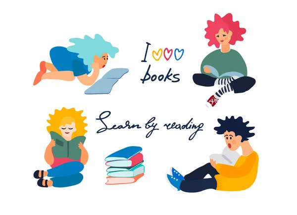 Children reading books. Set of vector illustration in flat style. Motivational handwritten slogans — 스톡 벡터