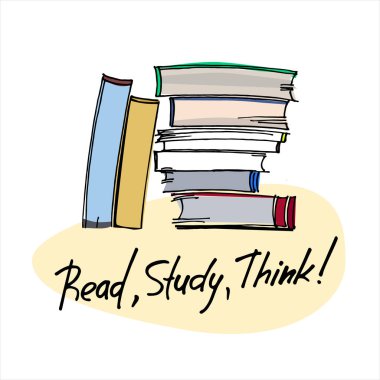 Motivasyon kavramı okunuyor. Motivasyon sloganı olan el çizimi kitaplar yığını