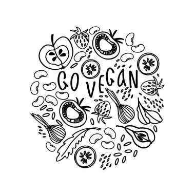 Meyve, sebze, fasulye, yeşillik ile dairesel süs. Boyama kitabı için siyah beyaz illüstrasyon