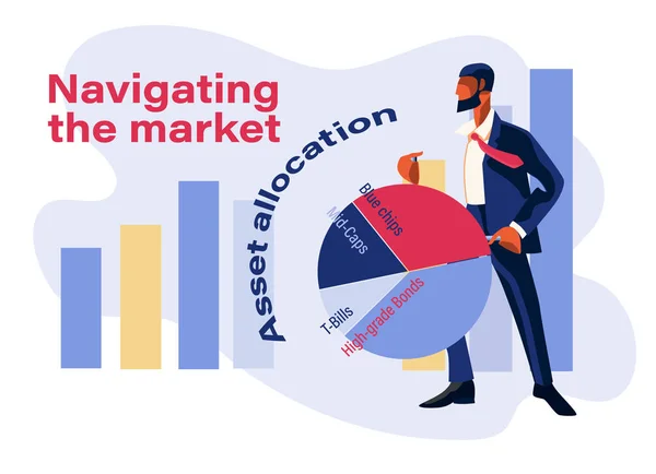 Navigatie door het marktconcept. Activatoewijzingsconcept. Portfolio manager als een zeeman stuurt een asset allocation chat — Stockvector