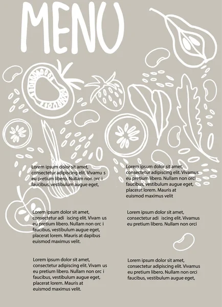 Vegane Menüvorlage mit Platz für Ihren Text. Dekoration mit Obst, Gemüse, Bohnen auf warmgrauem Hintergrund — Stockvektor
