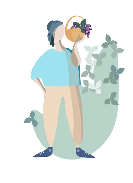 Junge Frau mit Korb voller Trauben. Erntekonzept. Agrotourismus-Konzept — Stockvektor