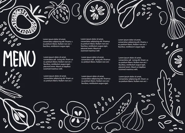 Modelo de design de menu com lugar para o seu texto. Moldura decorativa com frutas, legumes, feijão, verduras — Vetor de Stock