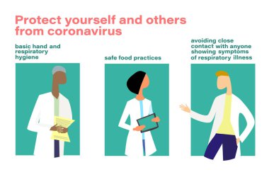 Coronavirus farkındalık konsepti. El çizimi illüstrasyon, poster, broşür. Enfeksiyonu önleyen doktorlar