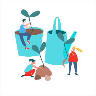 People transplanting seedlings vector illustration in flat style. Spring agricultural work concept. Agritourism concept