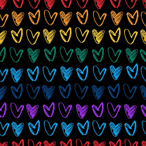 Patrón sin costuras. Hileras de colores arcoíris de formas de corazón dibujadas a mano. Concepto de San Valentín, concepto de amor — Vector de stock
