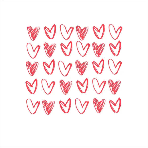 Fondo cuadrado con filas de corazones rojos dibujados a mano. Concepto de San Valentín, concepto de amor — Vector de stock