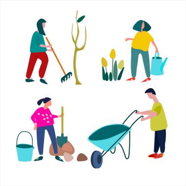 People doing gardening works. Set of vector illustrations in flat style