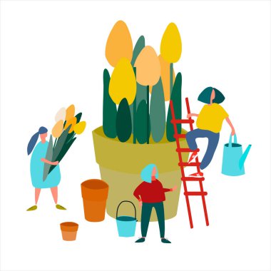 Women growing tulips vector illustration in abstract flat style
