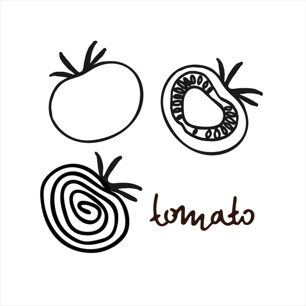 El tomate entero y rodajas de tomate. Ilustración vectorial en blanco y negro con letras a mano — Vector de stock