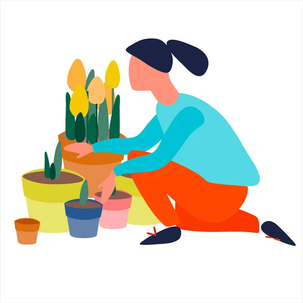Mujer plantando flores plántulas vector ilustración. Concepto de primavera. Plug plantas de publicidad de ventas — Vector de stock