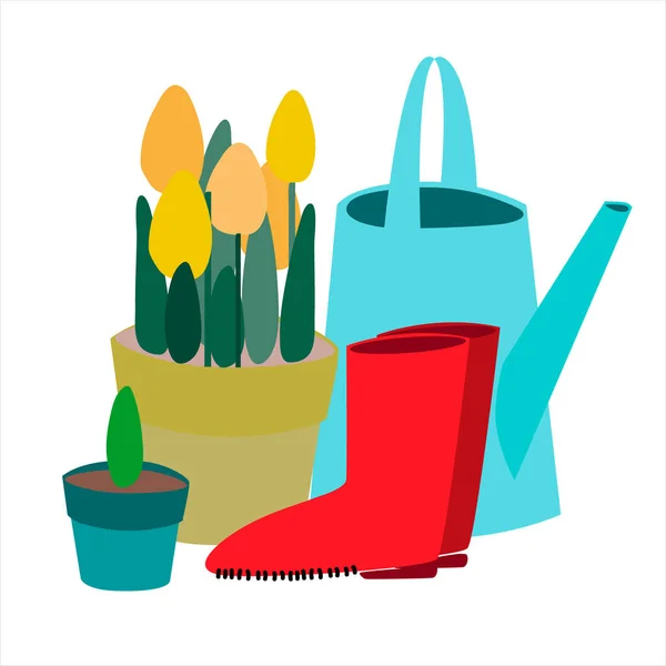 Flower seedlings, watering pot, gumboots. Vector illustration in flat style. Gardening concept — ストックベクタ