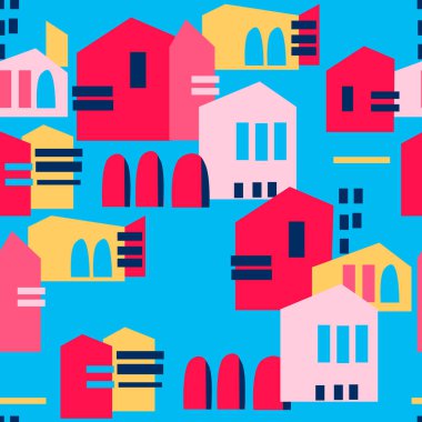 Seamless pattern, abstract colorful cityscape on blue background
