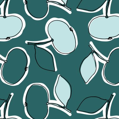Seamless pattern with hand drawn outline apples in green color palette