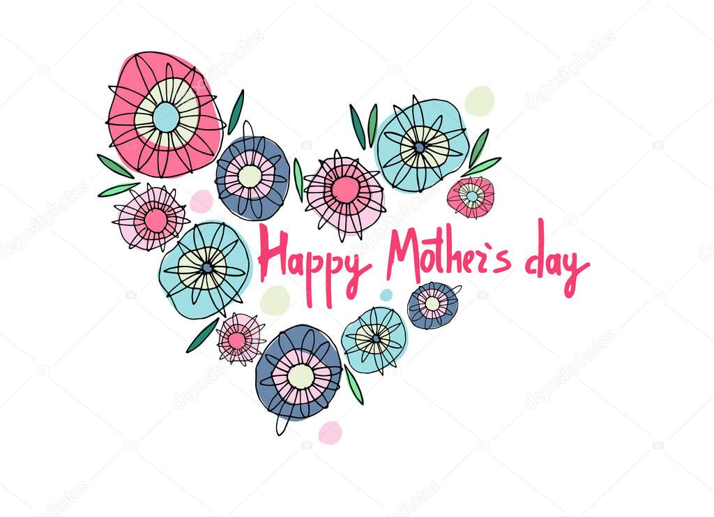 Happy Mothers Day. Heart composed of multicolored abstract flowers. Hand-lettered greeting phrase