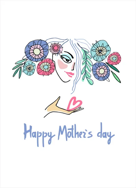 Projeto feliz Dia das Mães. Mulher com flores no cabelo e um coração na palma da mão. Frase de saudação manuscrita — Vetor de Stock