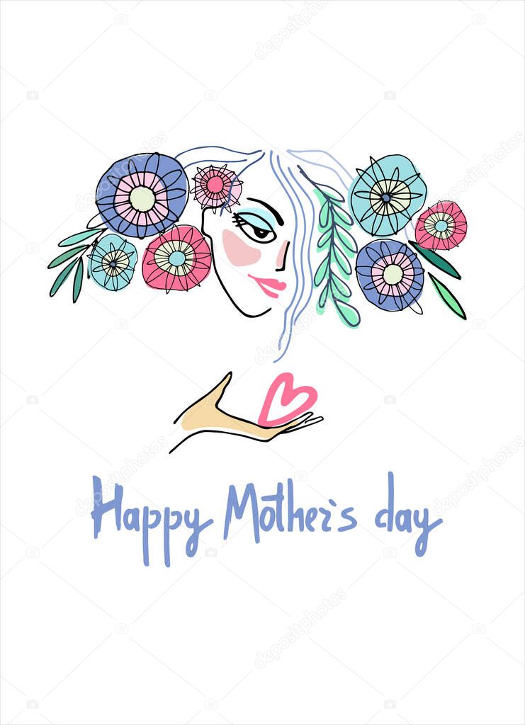 Happy Mothers Day design. Woman with flowers in her hair and a heart on her palm. Hand-lettered greeting phrase