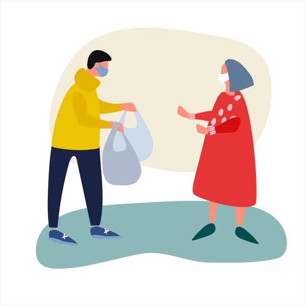 Dobrovolník pomáhá starší ženě s nákupy. Sociální práce během konceptu karantény koronaviru — Stockový vektor