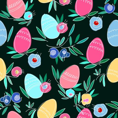Paskalya temalı kusursuz desenler. Renkli yumurtalar, çiçekler, yapraklar. Ters tasarım