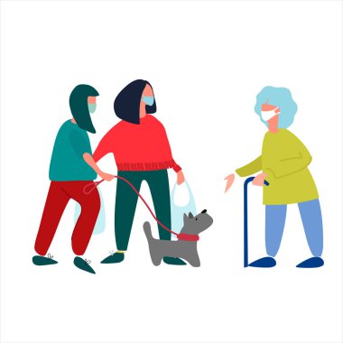 Gönüllüler yaşlı bir kadına alışverişte ve köpek gezdirmede yardım ediyor. Koronavirüs karantinası sırasında sosyal hizmet