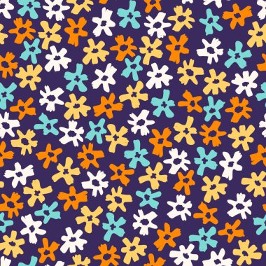 Elle çizilmiş tarla çiçekleriyle kusursuz desen. Koyu mavi arkaplanda küçük desen