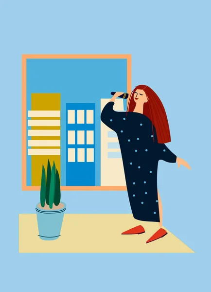 Een vrouw die bij het raam zingt. Thuis concert. Creatieve activiteit. Sociale afstand tijdens COVID-19 pandemie — Stockvector