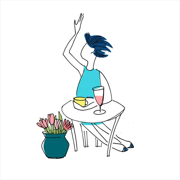 Chica sentada en la mesa del café y agitando su brazo. Ilustración vectorial dibujada a mano sobre fondo blanco — Vector de stock