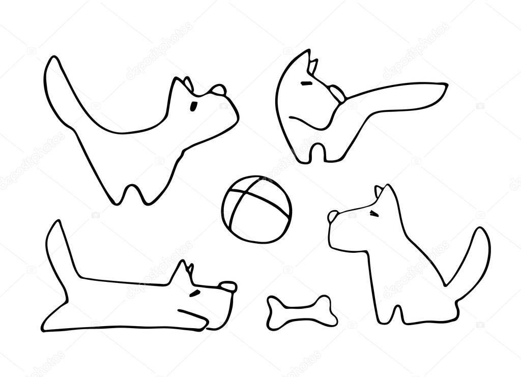 Funny dogs playing. Bone, ball and terrier doodles. Set of vector black and white illustrations in cartoon style